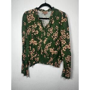 Kachel Anthropologie Ruffle Top Green Floral Smocked Waist Long Sleeve Sz 10